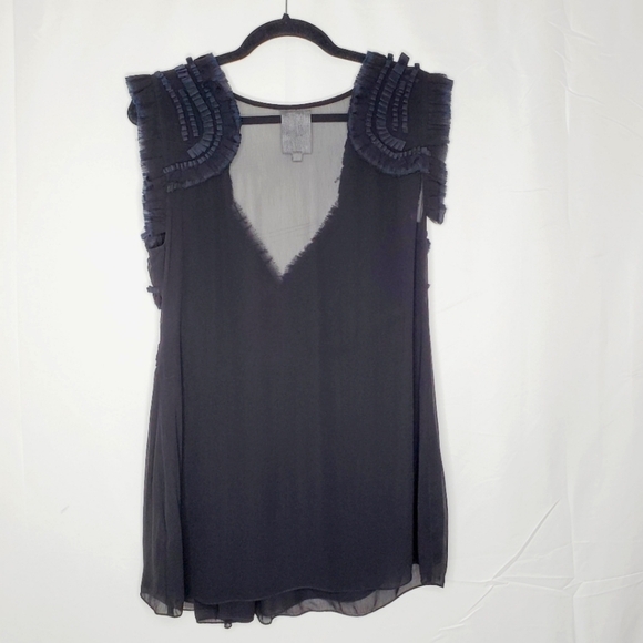 Black Ruffle Trim Babydoll Top Size L Sheer Whimsigoth V-neck Tunic Romantic - Picture 6 of 13